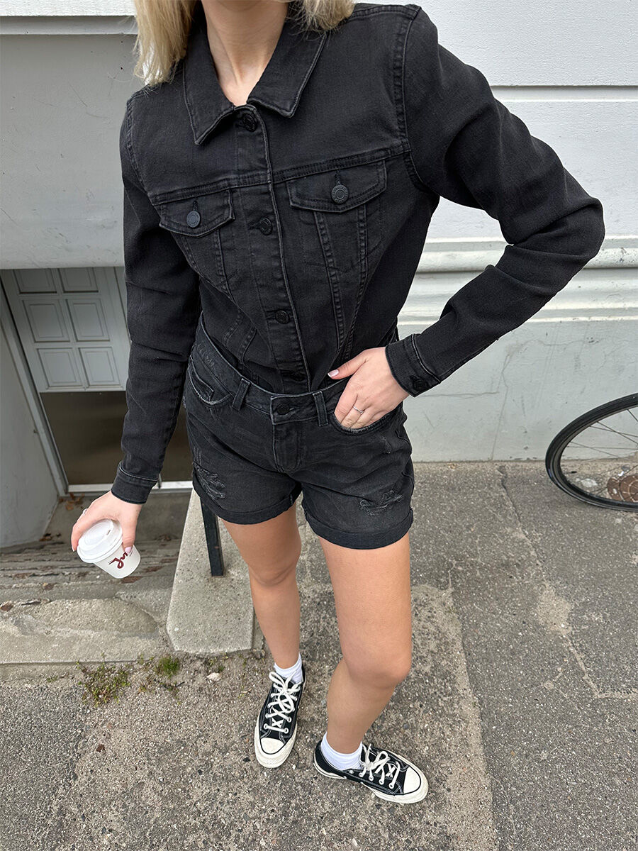 Denim jacket online with black shorts